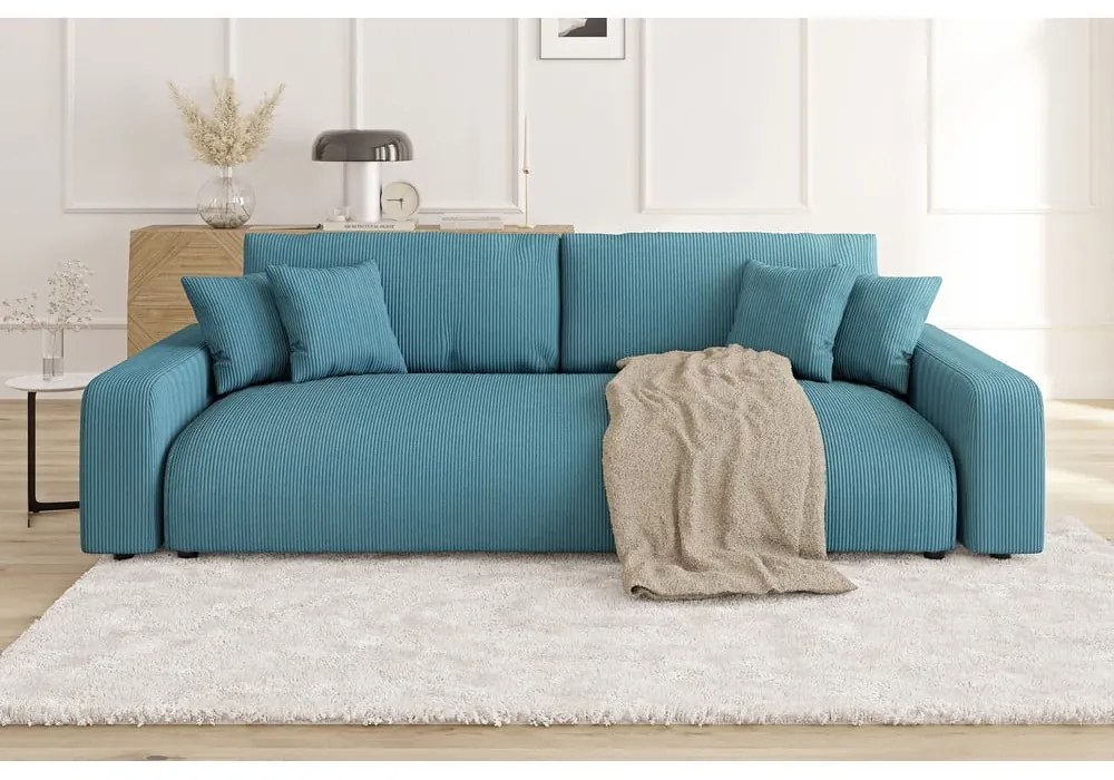 Тюркоазен разтегателен диван с място за съхранение от рипсено кадифе 234 cm Sara – Ropez