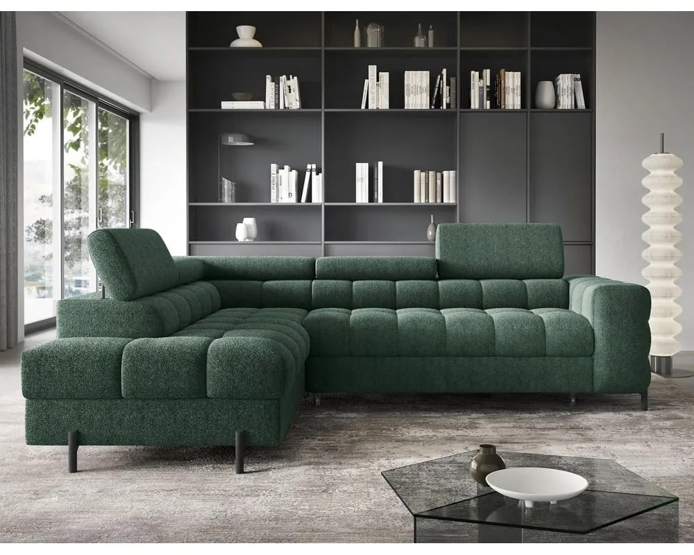 Зелен разтегателен ъглов диван с място за съхранение от букле (ляв ъгъл L форма) Ferucce – ELTAP