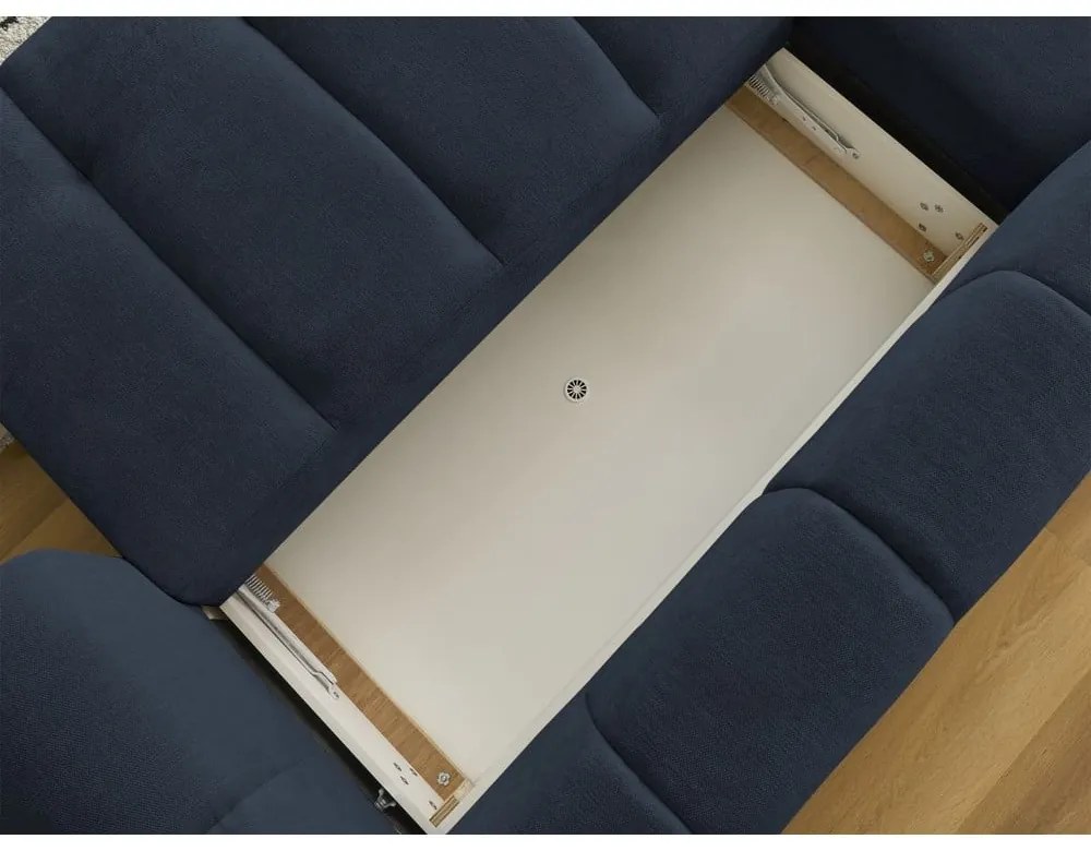 Тъмносин сгъваем/с място за съхранение ъглов диван (ляв ъгъл) Fuji – Bobochic Paris