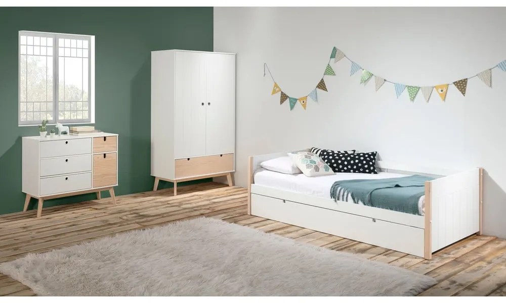 Детско легло от борова дървесина с допълнително разтегателно легло в бял и естествен цвят 90x190 cm Kiara - Marckeric