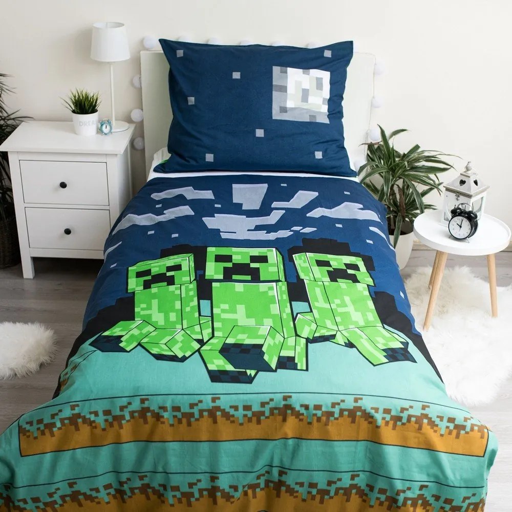 Зелено-синьо единично памучно детско спално бельо 140x200 cm Minecraft "Sssleep Tight" – Jerry Fabrics