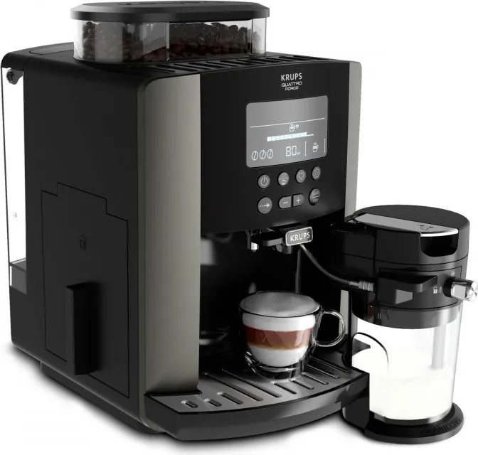 Кафеавтомат Krups Arabica Latte EA819E10, 1450W, 15 bar, 1.7 l, LCD, 5 програми, 3 функции, 3 настройки за темп. и аромат, Milk Comfort / One Touch Cappuccino, Черен