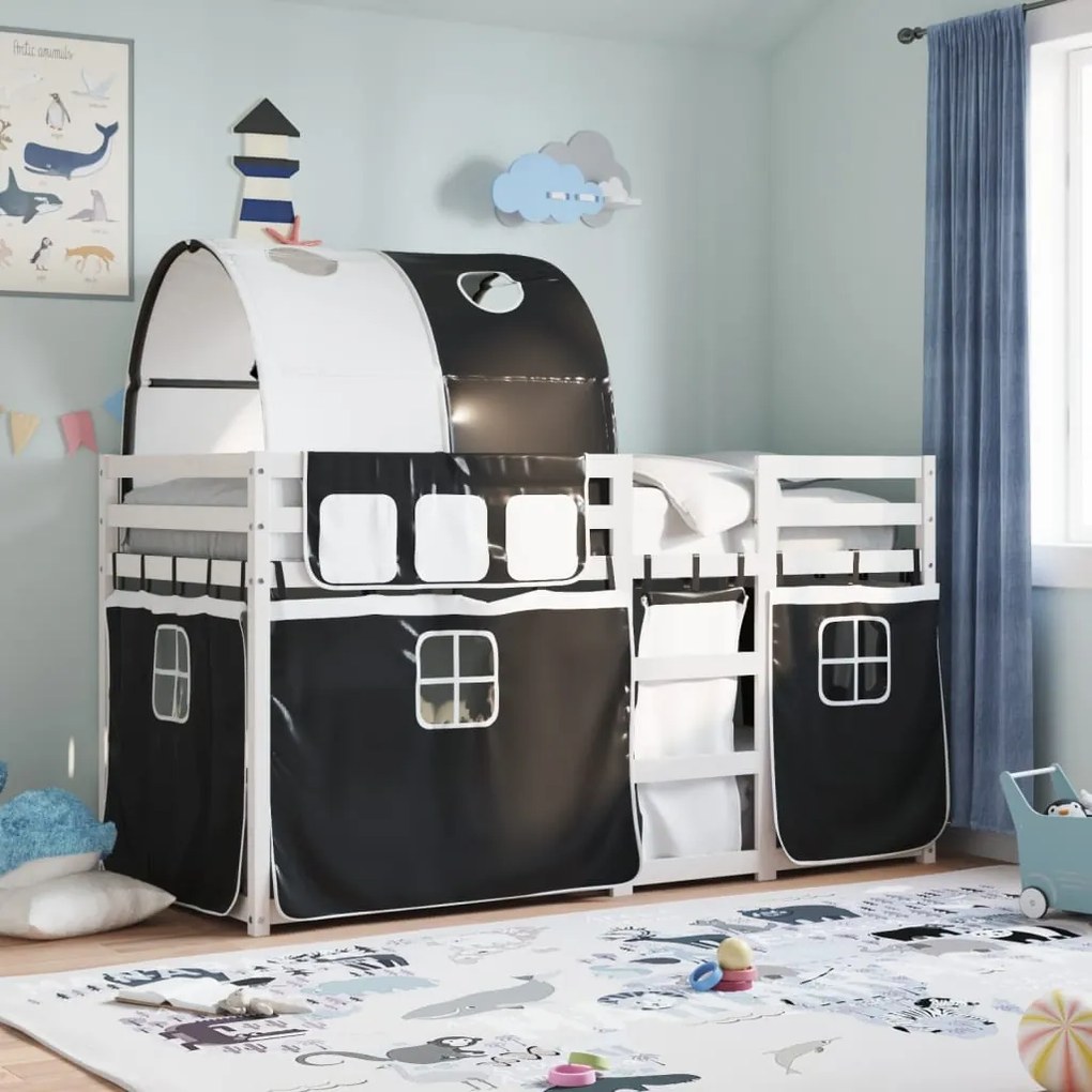 3284003 vidaXL Двуетажно легло със завеси, бяло и черно, 75x190 см, бор масив