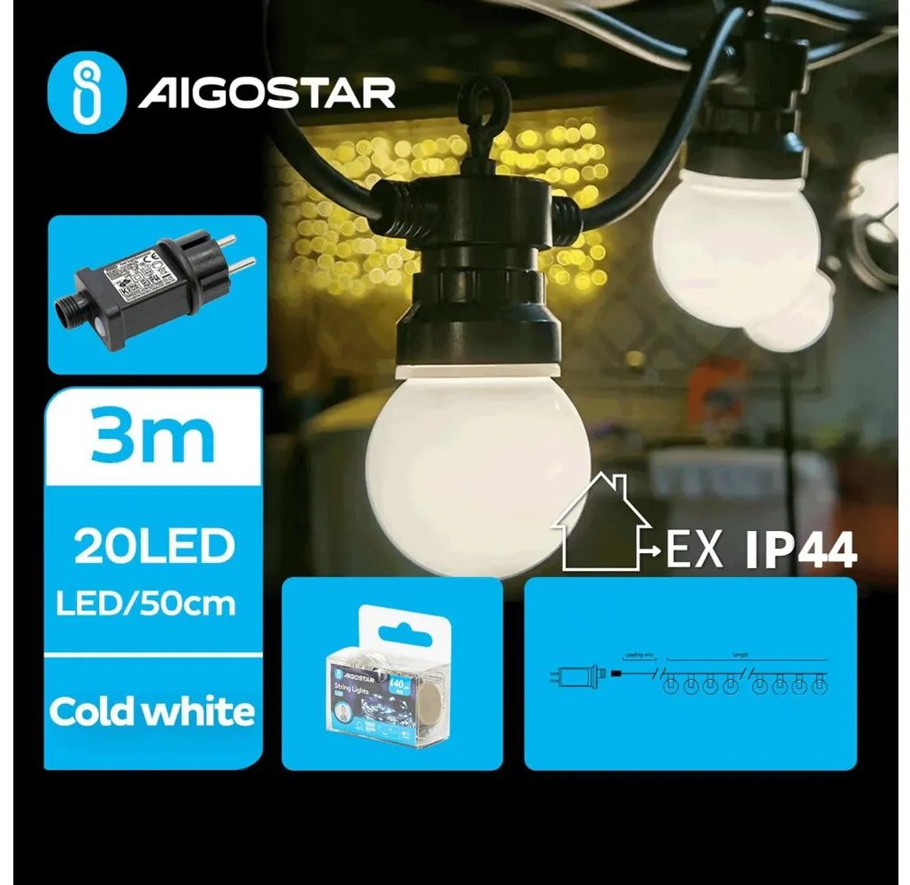 Aigostar - LED Екстериорни декоративни лампички 20xLED/3m IP44 студено бял