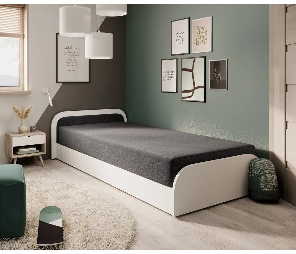 Бяло/тъмносиво единично легло 80x190 cm тапицирано/ПДЧ с място за съхранение с включен матрак Parys – ELTAP