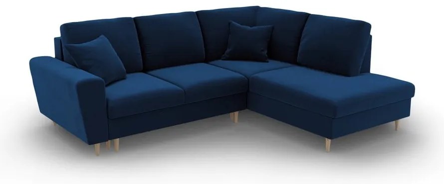 Син кадифен разтегателен ъглов диван с място за съхранение (десен ъгъл/L форма) Kyoto – Cosmopolitan Design