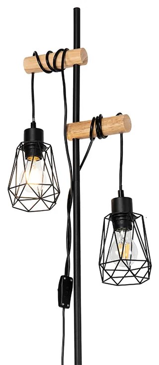 Ръстична подова лампа черна с дърво 2-светлина с абажур - Dami Frame