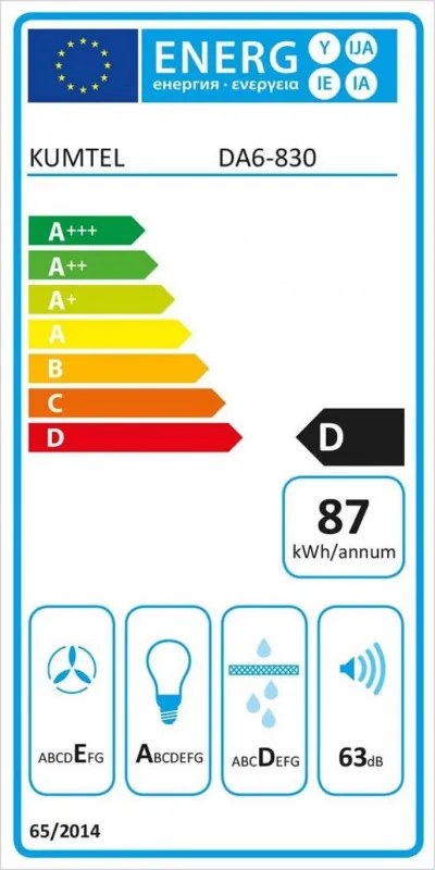 Aбсорбатор Kumtel DA6-830-A0А, 650 m3/h, 60 см, 3 скорости, Механично управление, Стъклен панел, LED осветление, Бял