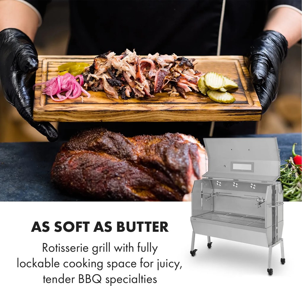 Klarstein Sauenland Pro XL, грил за прасенца, въртящ се шиш, 13 W, 4 колела, неръждаема стомана