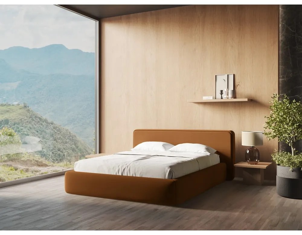 Двойно легло теракотено тапицирано с място за съхранение и включена подматрачна рамка 140x200 cm Kiana – Makamii