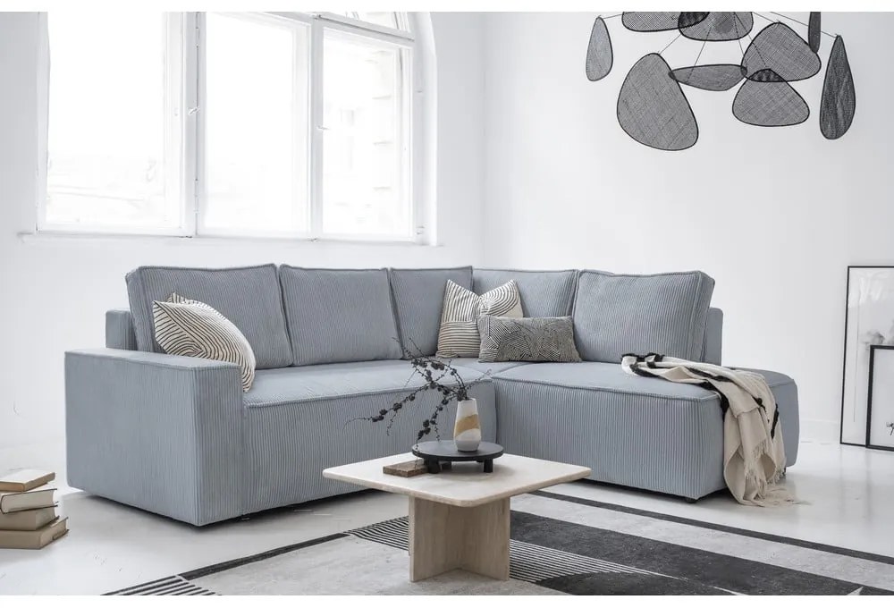Светлосив разтегателен ъглов диван от рипсено кадифе (десен ъгъл) Brave Dave – Miuform