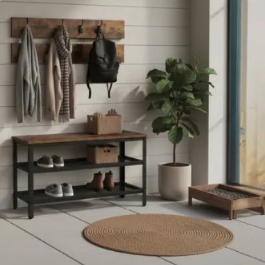 Индустриален шкаф за обувки със закачалка и пейка