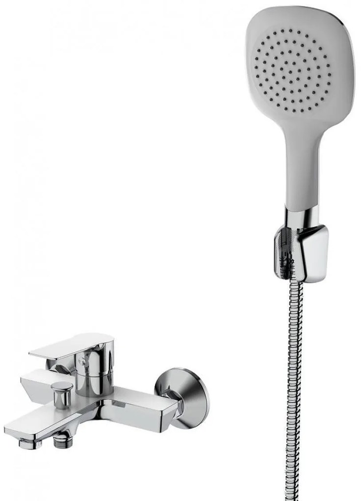 Стенен смесител за вана и душ ХАНА ICF 6456153W, Inter Ceramic, месинг, хром + бял, с подвижен душ, държач и шлаух, 20х13.1х19.9см