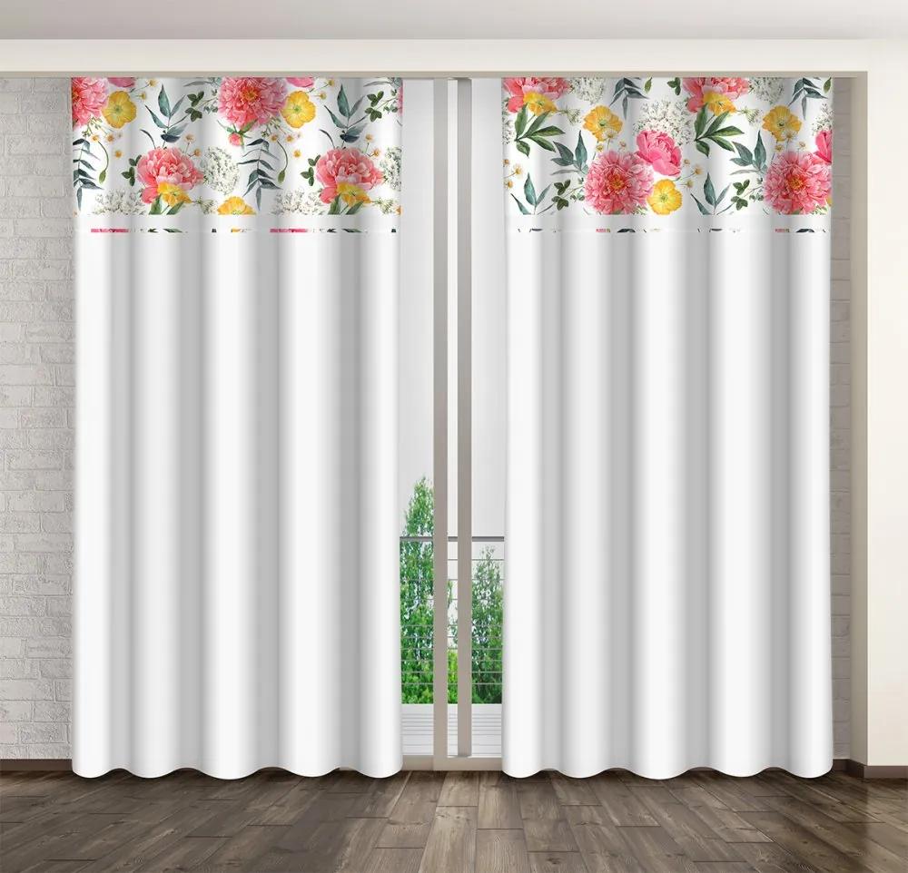 Класическа бяла завеса с печат на красиви розови божури Ширина: 160 см | Дължина: 250 см
