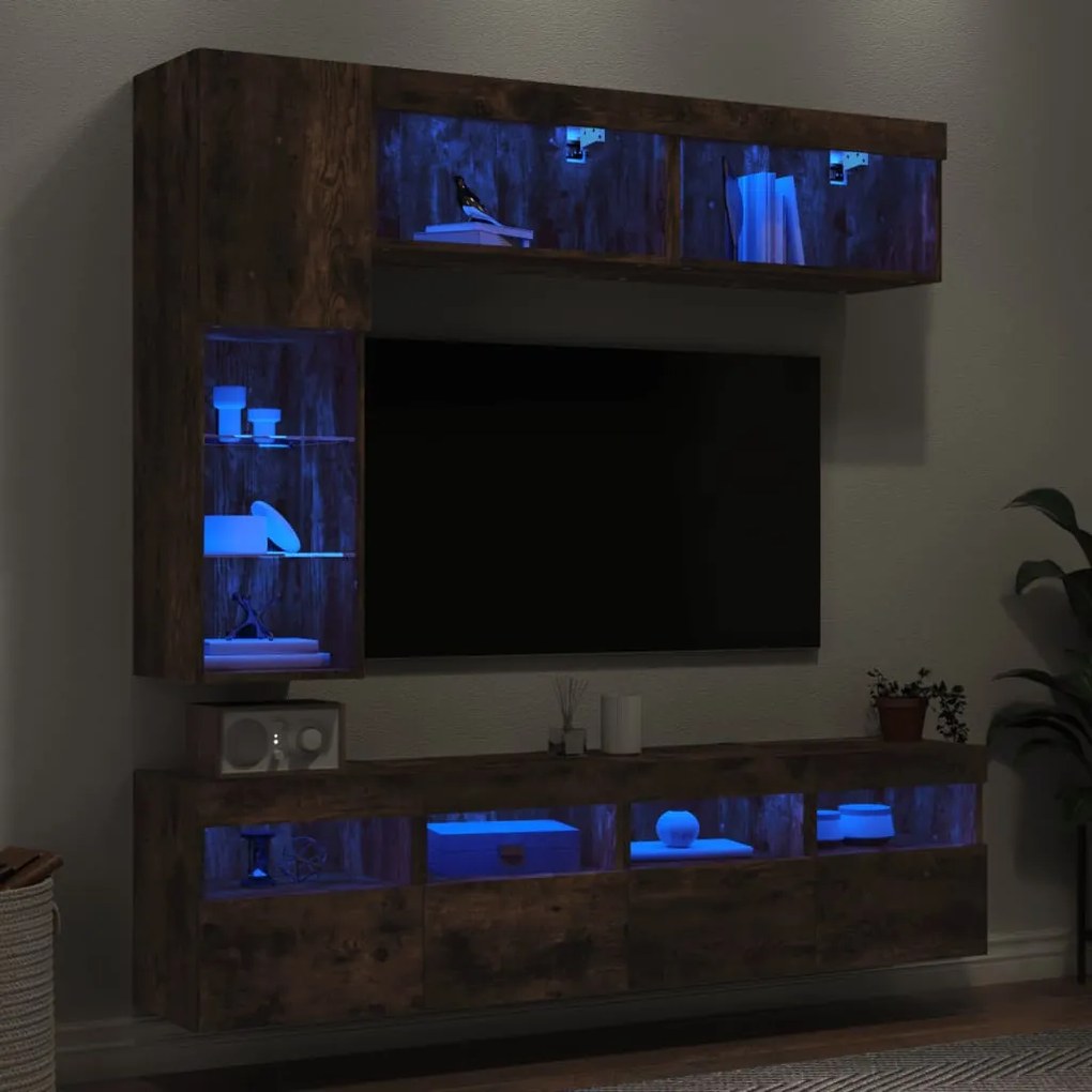 3216761 vidaXL Комплект ТВ стенни шкафове, 7 части, с LED светлини, опушен дъб