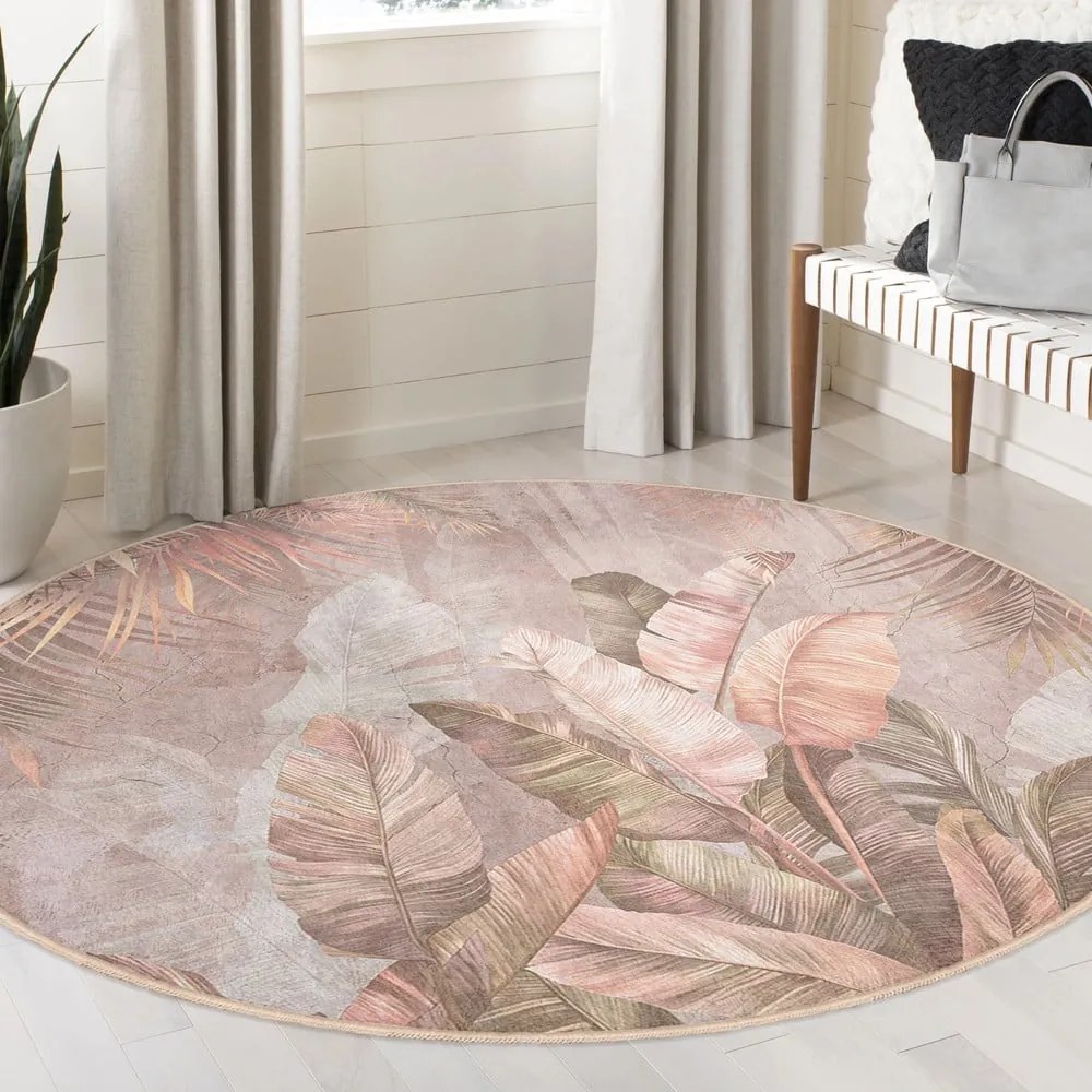 Светлорозов кръгъл килим подходящ за пране ø 150 cm Dusty Leaves – Mila Home