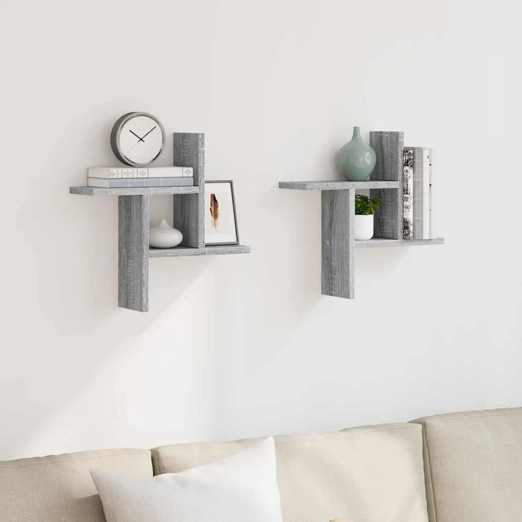 853250 vidaXL Стенни рафтове, 2 бр, сив сонома, 38x12x38 см, инженерно дърво