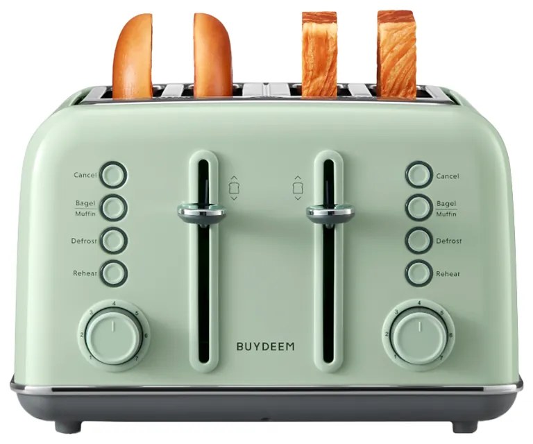 Тостер за хляб BUYDEEM DT640E, 1800W, 4 слота, 7 автоматични програми, 7 степени на препичане, LED индикатори, Тави за трохички, Високо изскачане, Зелен