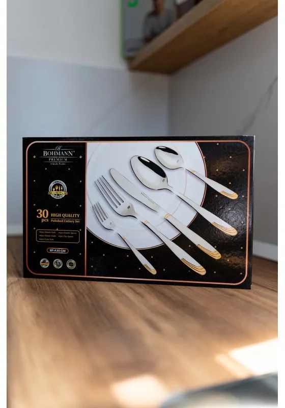 Комплект прибори за хранене Bohmann BP A30-GM, Кутия, 30 бр, Инокс/златист