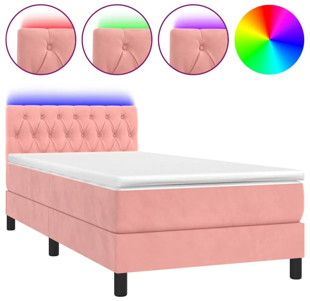 3134566 vidaXL Боксспринг легло с матрак и LED, розово, 90x200 см, кадифе