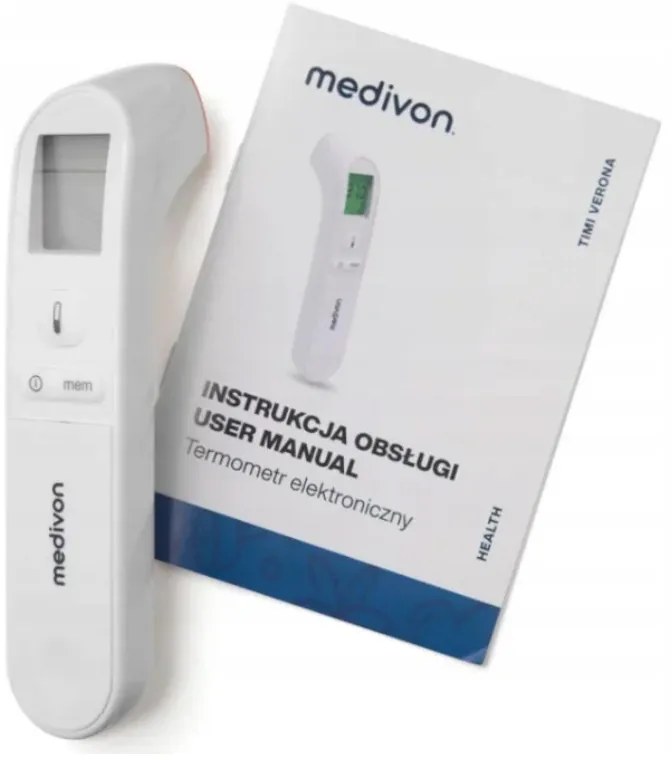 Безконтактен термометър Medivon Timi Smart Verona, Инфрачервен, За деца, Измерване за 1 секунда, Памет, Цветова индикация, LCD, Звук, Лазер, Бял