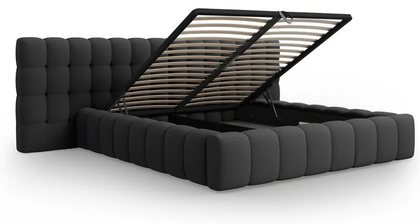 Черно тапицирано двойно легло с място за съхранение с включена подматрачна рамка 160x200 cm Mamaia – Micadoni Home