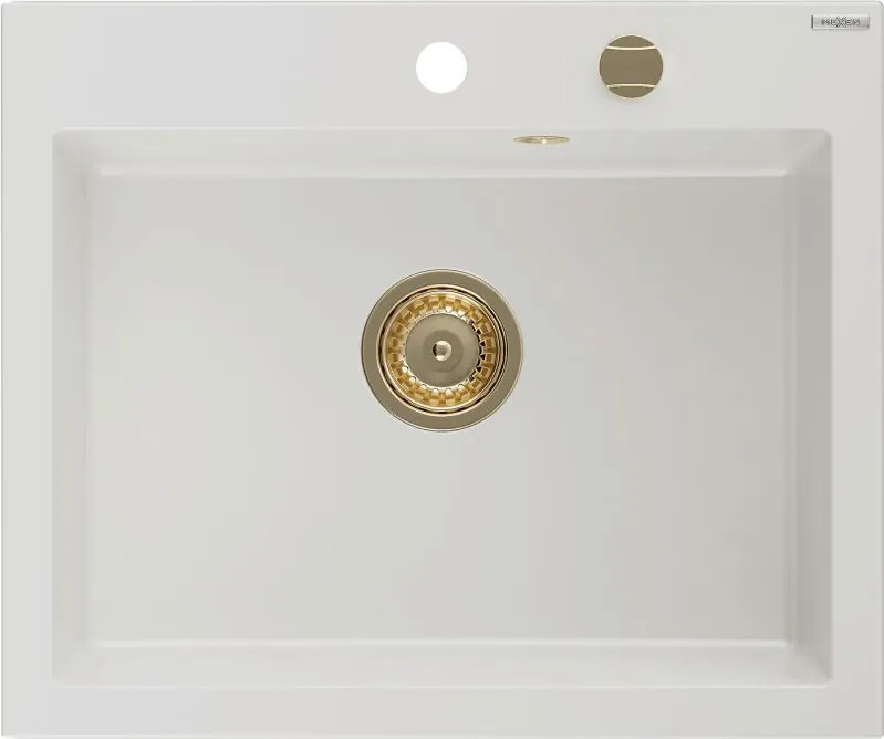 Mexen Elix гранитна мивка с 1 отделение 600 x 500 мм, бяла, златен сифон - 6525601005-20-G