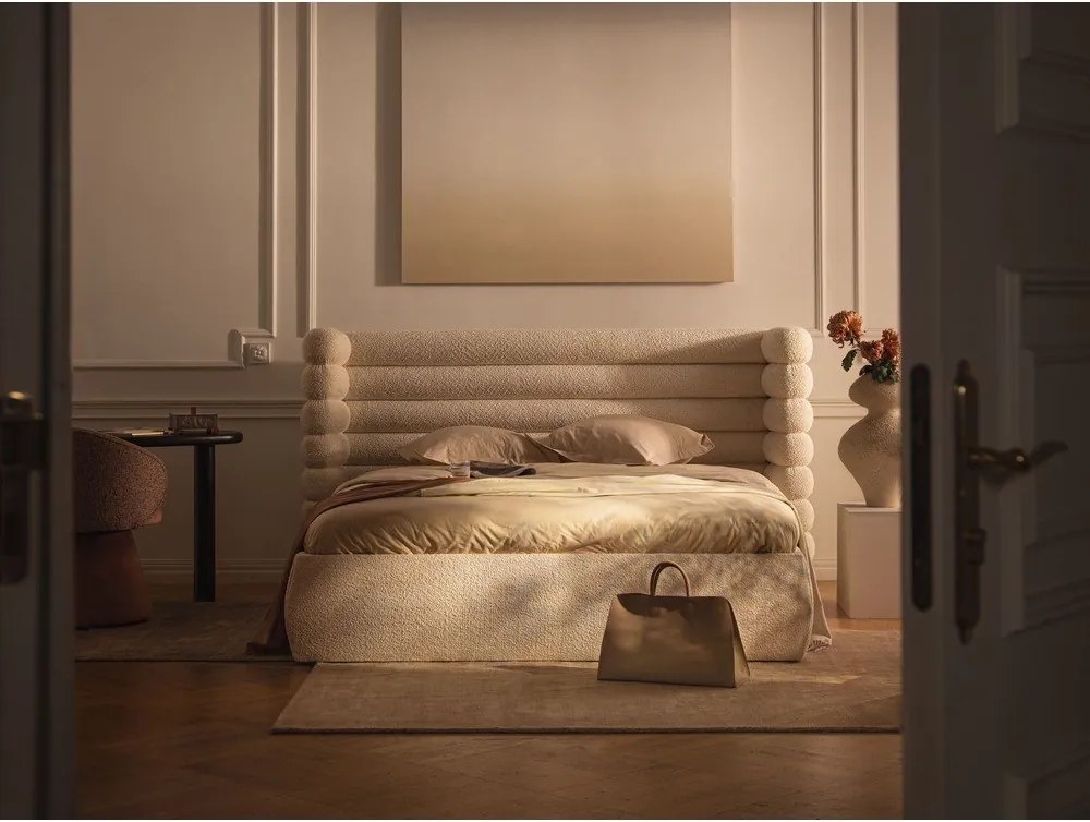 Бежово тапицирано двойно легло с място за съхранение и включена подматрачна рамка 180x200 cm Mount – Micadoni