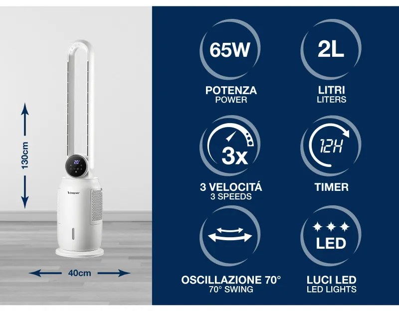 Въздушен охладител кула Beper P206RAF300, 65W, 3 скорости, 2 л, Йонизация, LED, Сензорен дисплей, Бял