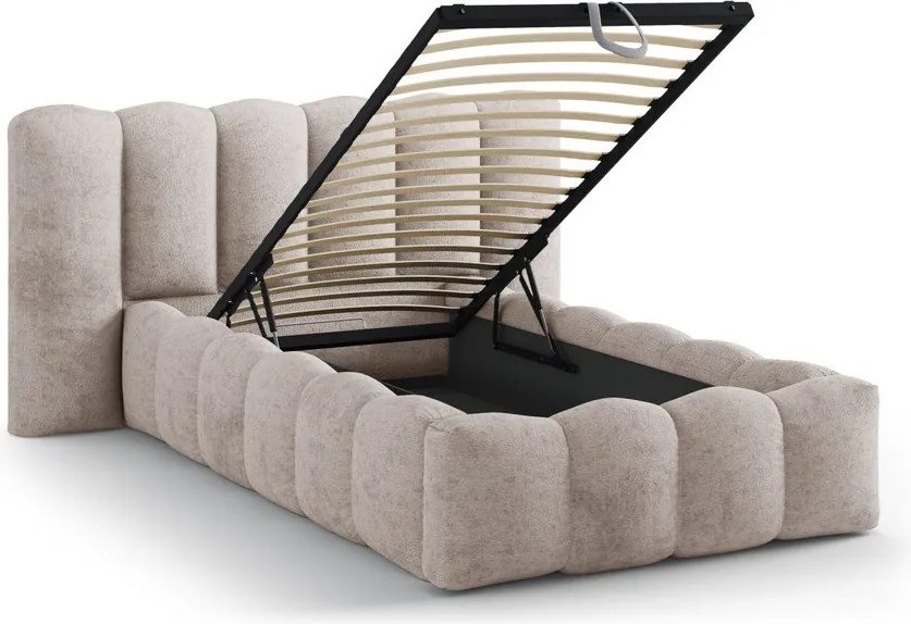 Светлокафяво единично легло 90x200 cm тапицирано с място за съхранение с включена подматрачна рамка Lupine – Micadoni