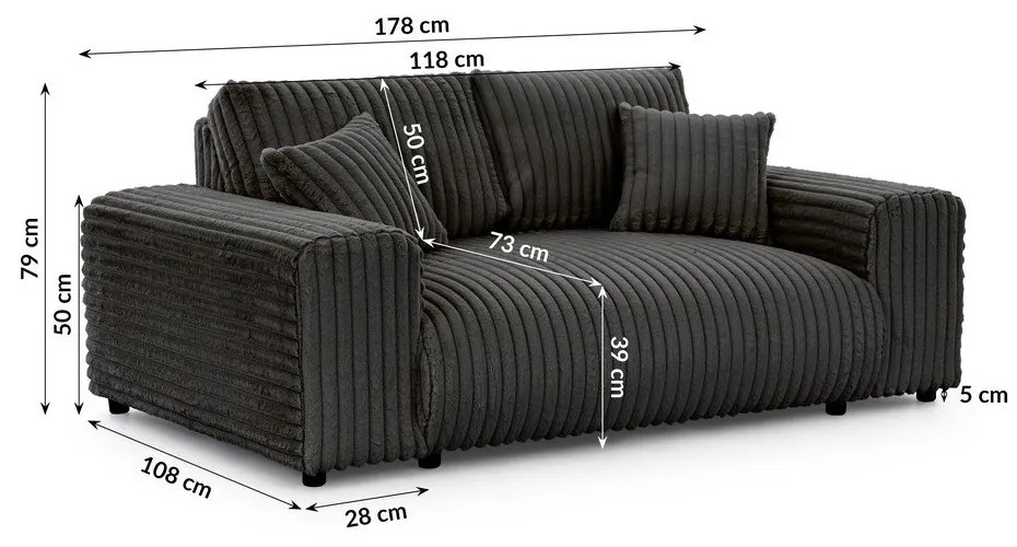 Тъмносив диван от рипсено кадифе 178 cm Justin – Ropez