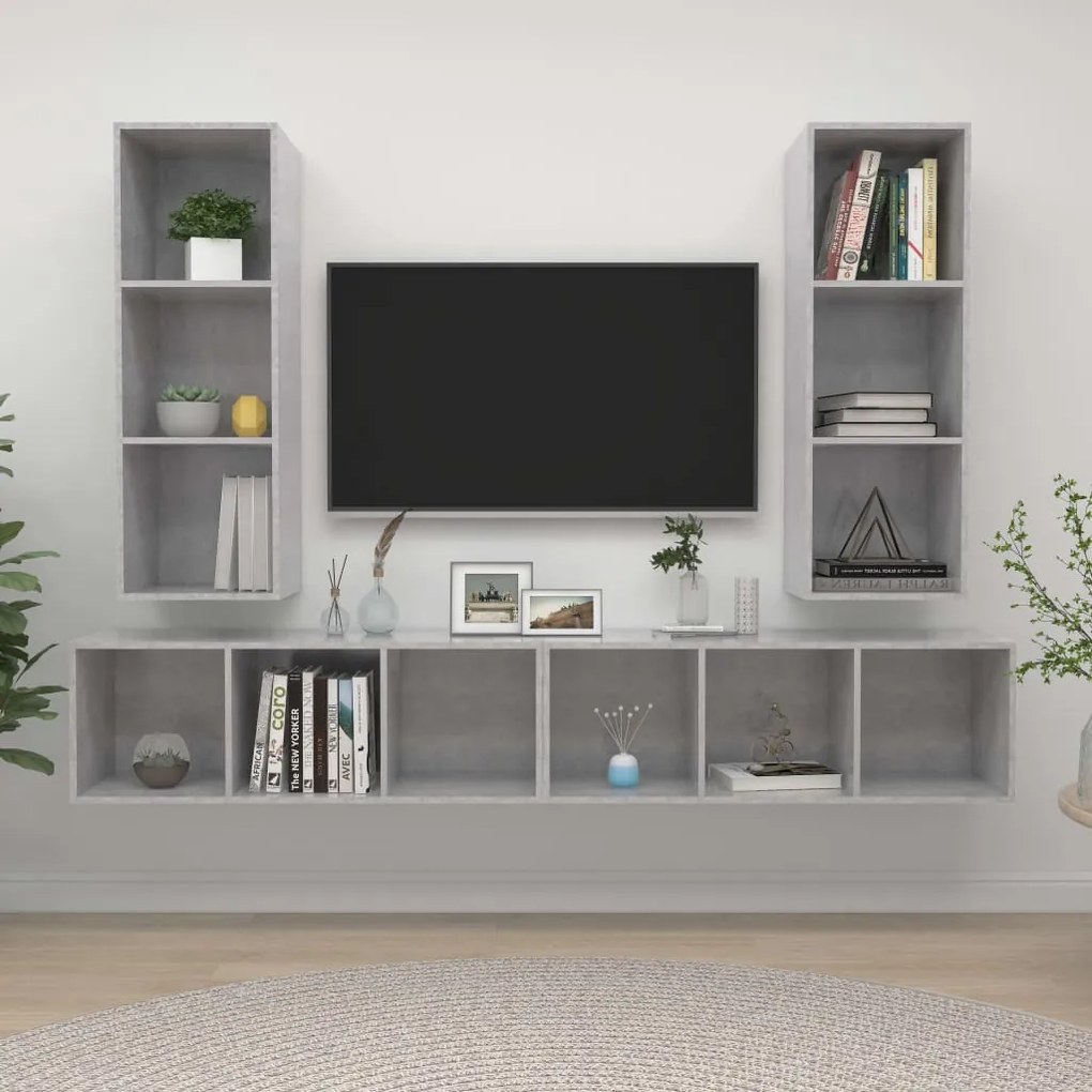 3079884 vidaXL ТВ шкафове за стенен монтаж, 4 бр, бетонно сив, инженерно дърво