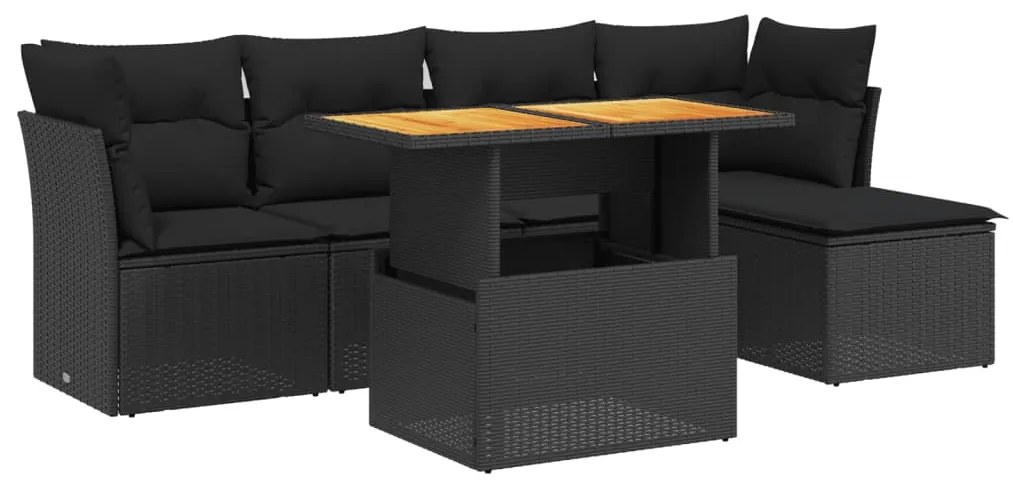 3270803 vidaXL Градински диван с възглавници, 6 части, черен, полиратан