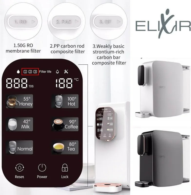 Диспенсър за пречистване и затопляне на чешмяна вода ELIXIR, 2100W, 38-99C, Обратна осмоза, Минерално обогатяване, Черен