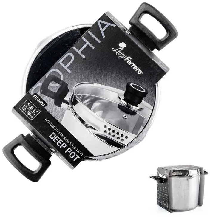 Дълбока тенджера Luigi Ferrero Sophia FR-3407, 20x18 см, 5.6 л, Стомана 18/10, Стъклен капак с отвор за пара, Индукция, Инокс