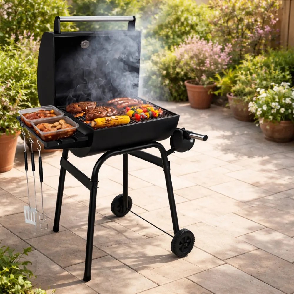 Голяма скара за барбекю на дървени въглища с капак и термометър