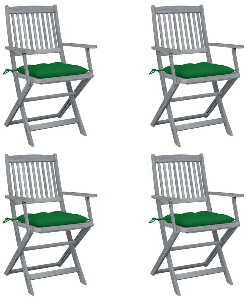 3064529 vidaXL Сгъваеми градински столове, 4 бр, с възглавници, акация масив