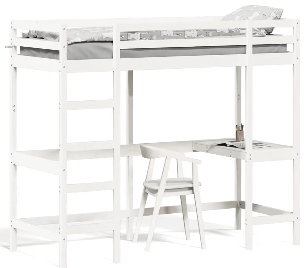 842863 vidaXL Таванско легло с бюро бяло 75x190 см масивна дървесина бор