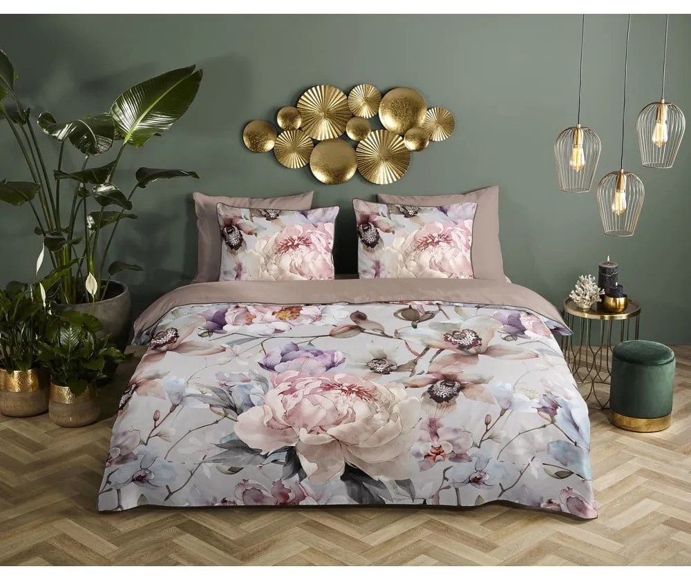 Сиво-кафяво единично удължено спално бельо от памучен сатен 140x220 cm Colinda – Descanso