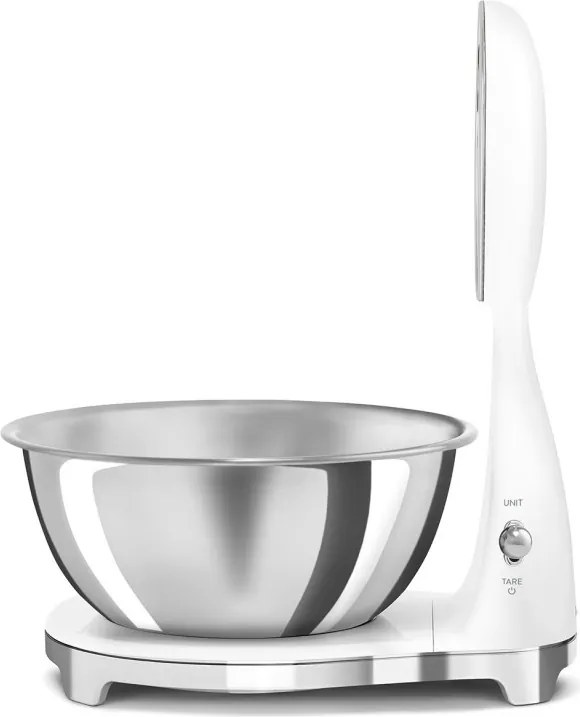 Кухненска везна Smeg KSF01WHWW, Аналогов и дигитален дисплей, До 5 кг/5 л, ТАРА, LED дисплей, Противоплъзгаща се основа, Автономия до 36 часа, Бял мат