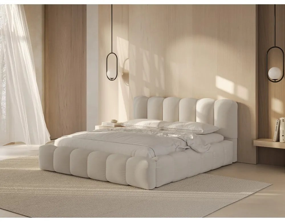 Кремаво двойно тапицирано легло с място за съхранение с включена подматрачна рамка 200x200 cm Lupine – Micadoni