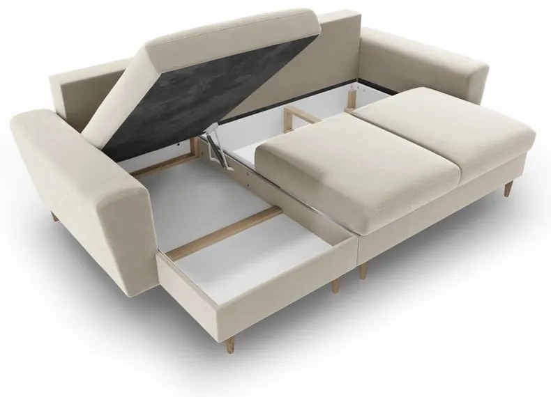 Бежов кадифен разтегателен ъглов диван с място за съхранение Kyoto – Cosmopolitan Design