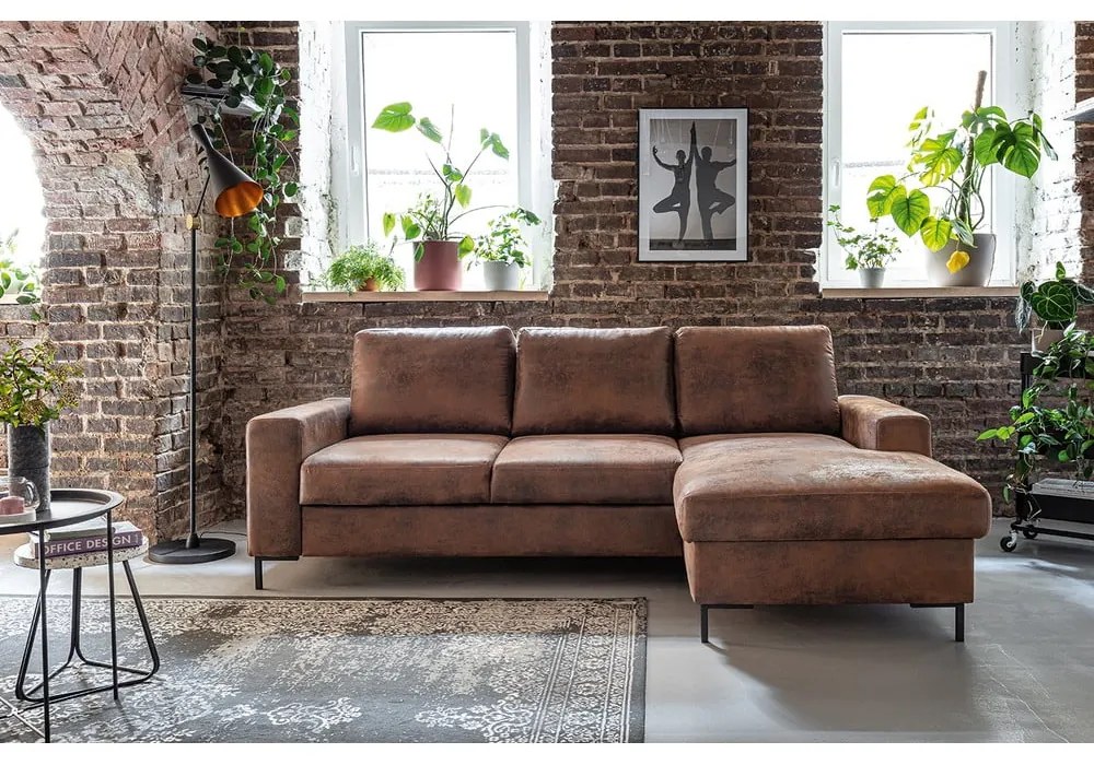 Винтидж кафяв кожен разтегателен диван, десен ъгъл Lofty Lilly - Miuform