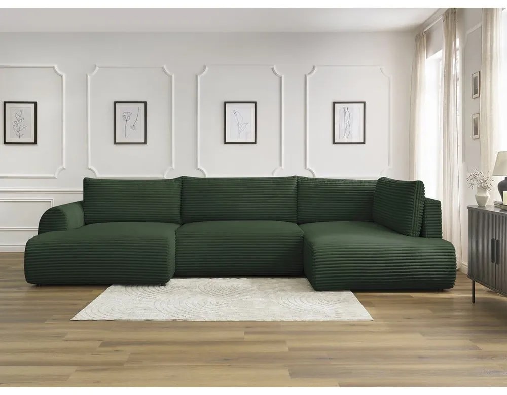 Тъмнозелен разтегателен ъглов диван от рипсено кадифе (ляв ъгъл/"U" форма) Lucien – Bobochic Paris