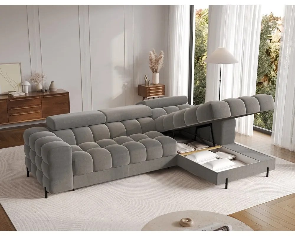 Кафяво-сив кадифен сгъваем/с място за съхранение ъглов диван (десен ъгъл) Felro – ELTAP