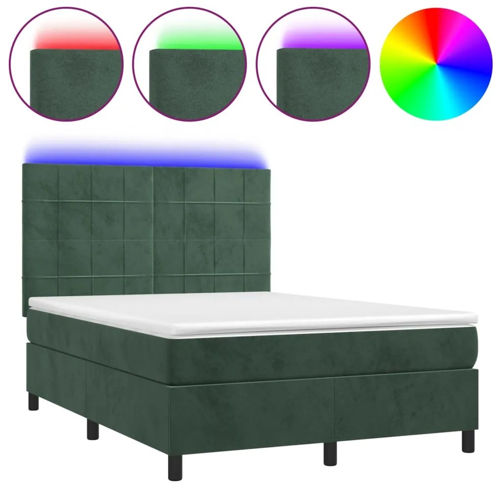 3136128 vidaXL Боксспринг легло с матрак и LED, тъмнозелено, 140x200см, кадифе