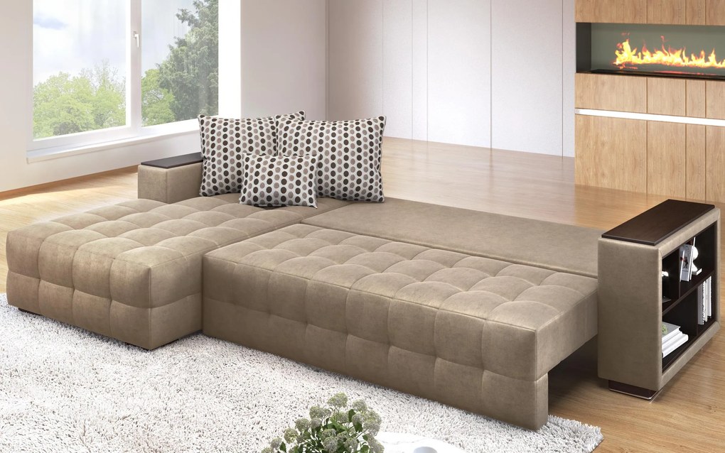 Разтегателен ъглов диван с подлакътник етажерка Мелвин