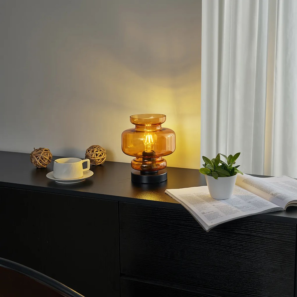 Ретро настолна лампа черна с оранжево стъкло - Denise