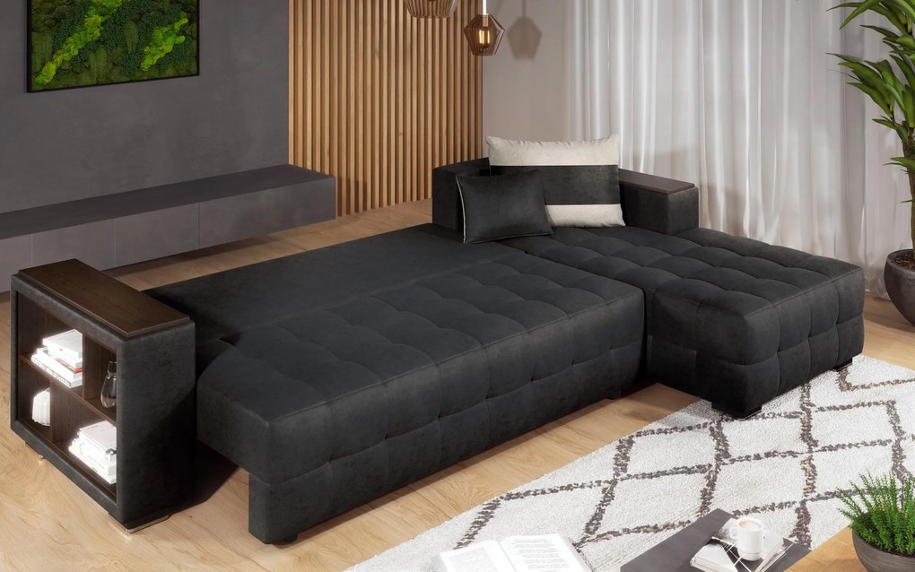 Разтегателен ъглов диван с подлакътник етажерка Мелвин