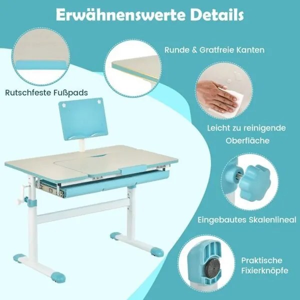 Детско бюро с регулируема височина с накланящ се плот и поставка за книги - Синьо